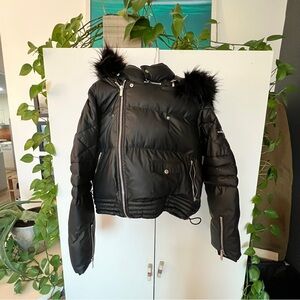 Black Maniére de Voir Puffer Jacket with Fur Trim